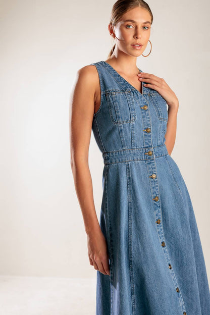 THE JOURNEY BEGINS BUTTON DOWN DENIM MIDI DRESS