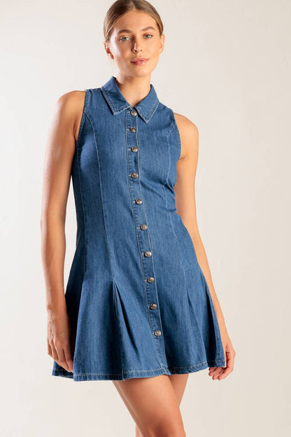 WHERE I WANT TO BE BUTTON FRONT DENIM MINI DRESS