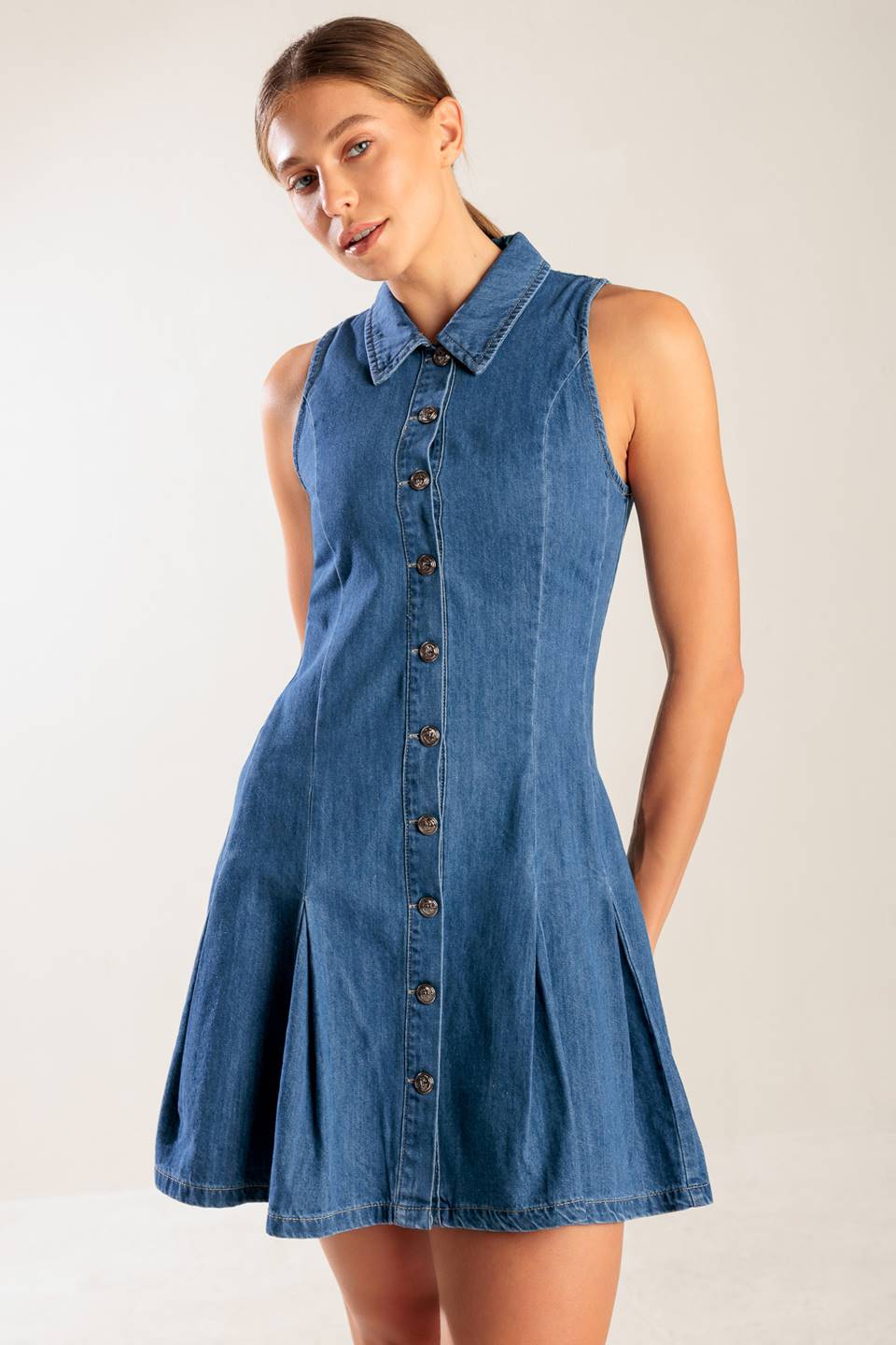 WHERE I WANT TO BE BUTTON FRONT DENIM MINI DRESS