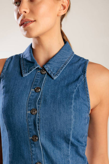 WHERE I WANT TO BE BUTTON FRONT DENIM MINI DRESS