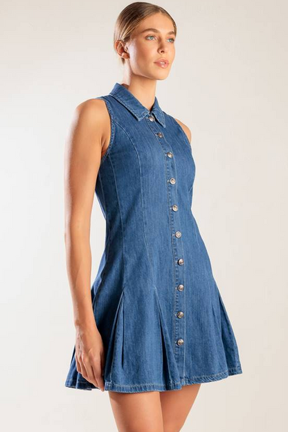 WHERE I WANT TO BE BUTTON FRONT DENIM MINI DRESS