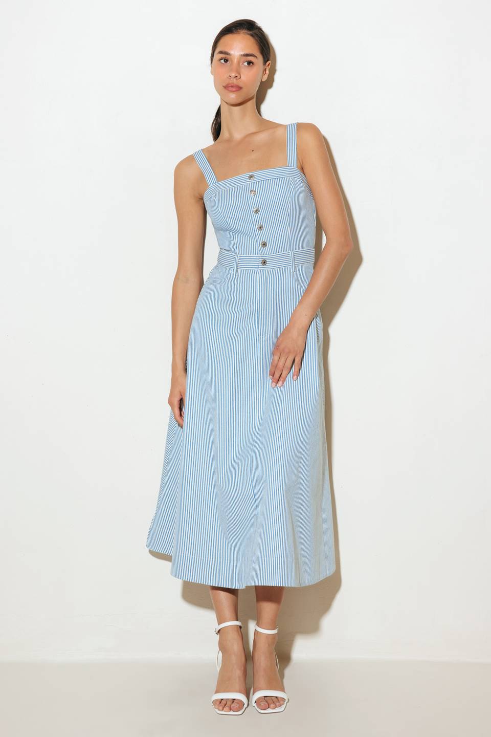 CAREFREE DAYS BLUE PINSTRIPE MIDI DRESS
