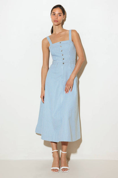 CAREFREE DAYS BLUE PINSTRIPE MIDI DRESS
