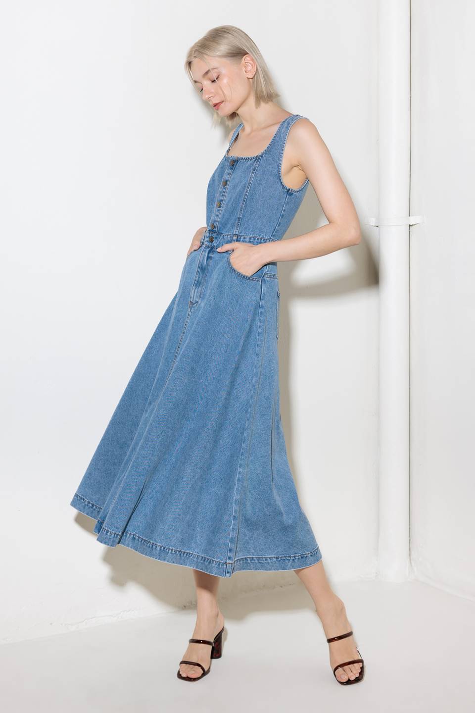 SOFTLY ROMANTIC SQUARE NECK DENIM MIDI DRESS