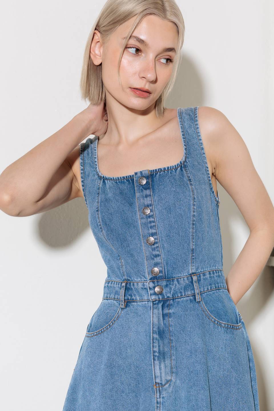 SOFTLY ROMANTIC SQUARE NECK DENIM MIDI DRESS