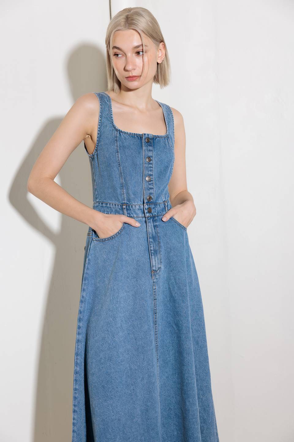 SOFTLY ROMANTIC SQUARE NECK DENIM MIDI DRESS