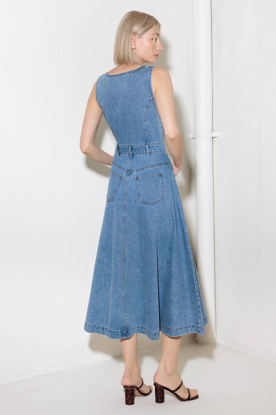 SOFTLY ROMANTIC SQUARE NECK DENIM MIDI DRESS