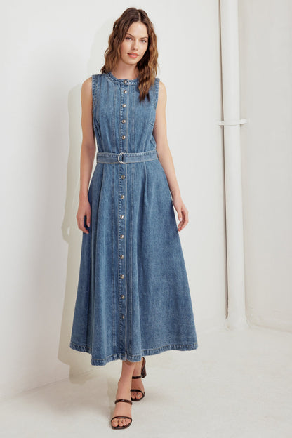 MIDNIGHT RODEO BELTED DENIM MIDI DRESS