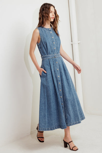 MIDNIGHT RODEO BELTED DENIM MIDI DRESS