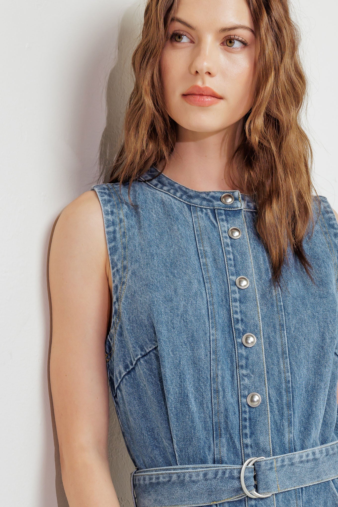 MIDNIGHT RODEO BELTED DENIM MIDI DRESS