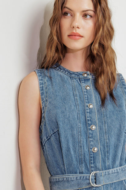 MIDNIGHT RODEO BELTED DENIM MIDI DRESS
