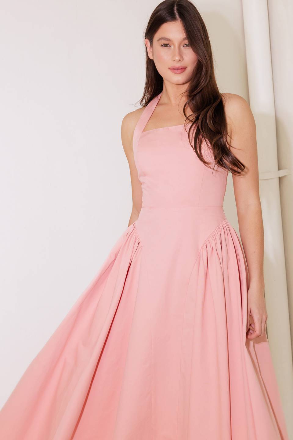 CAUGHT IN THE RAIN HALTER MIDI DRESS SOFT PINK