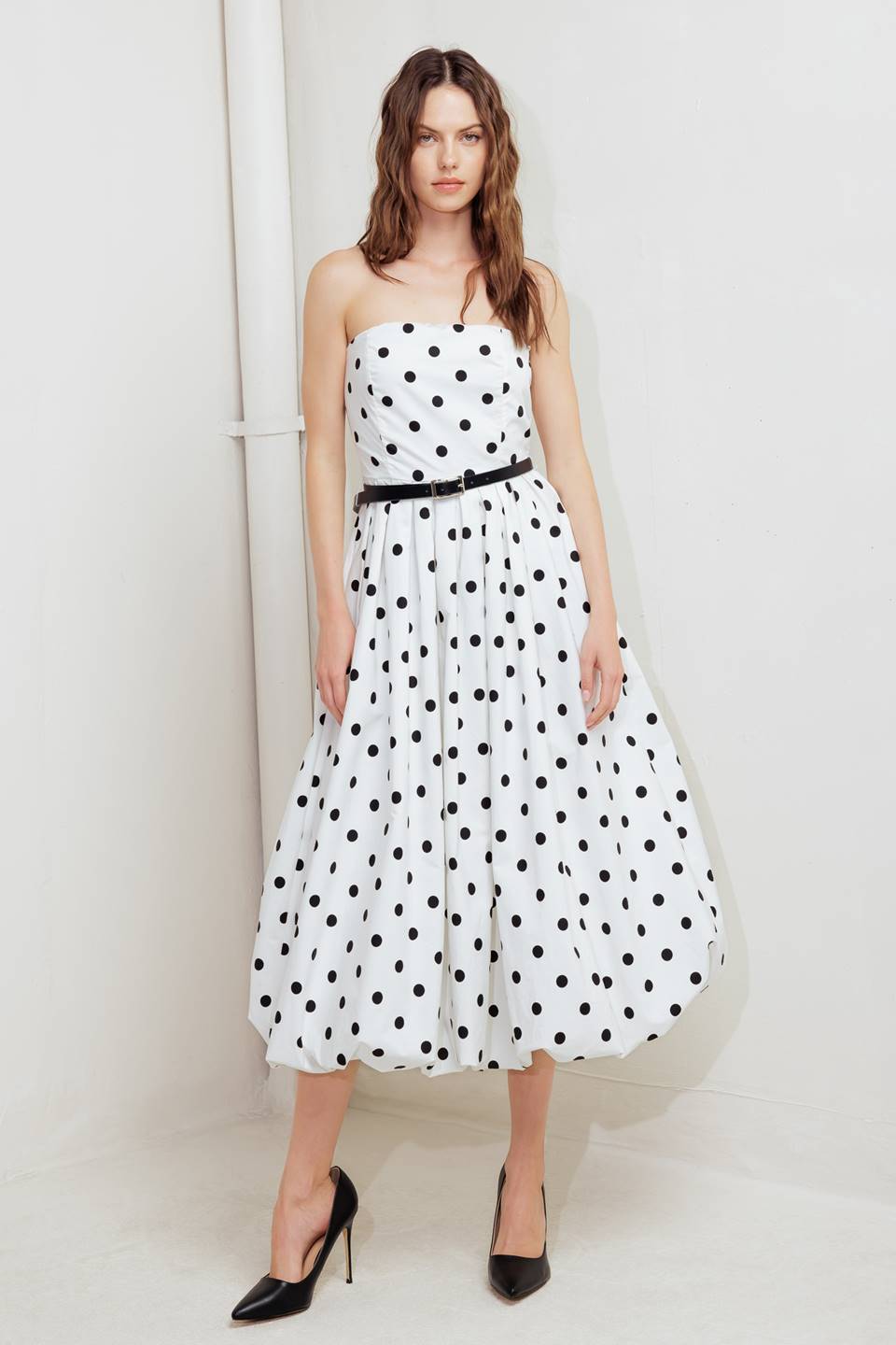 POLKA DOT WHITE & BLACK BUBBLE HEM MIDI DRESS