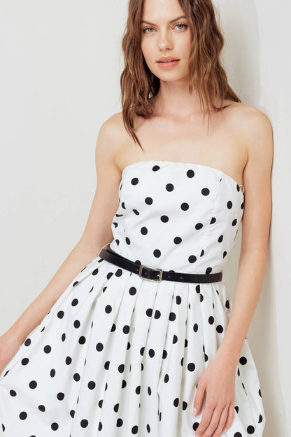 POLKA DOT WHITE & BLACK BUBBLE HEM MIDI DRESS
