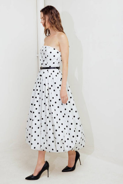 POLKA DOT WHITE & BLACK BUBBLE HEM MIDI DRESS