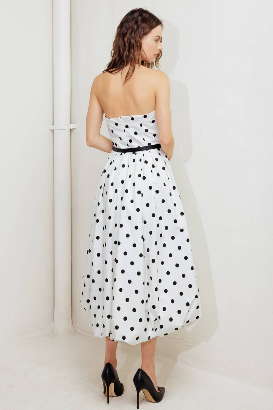 POLKA DOT WHITE & BLACK BUBBLE HEM MIDI DRESS