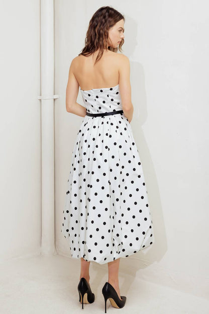 POLKA DOT WHITE & BLACK BUBBLE HEM MIDI DRESS