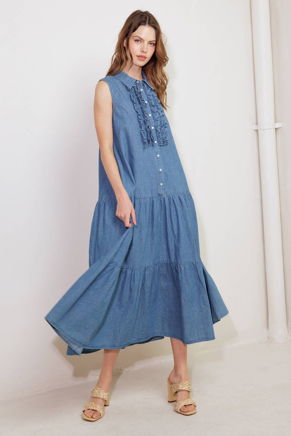 SUN DRENCHED RUFFLE FRONT DENIM MIDI DRESS