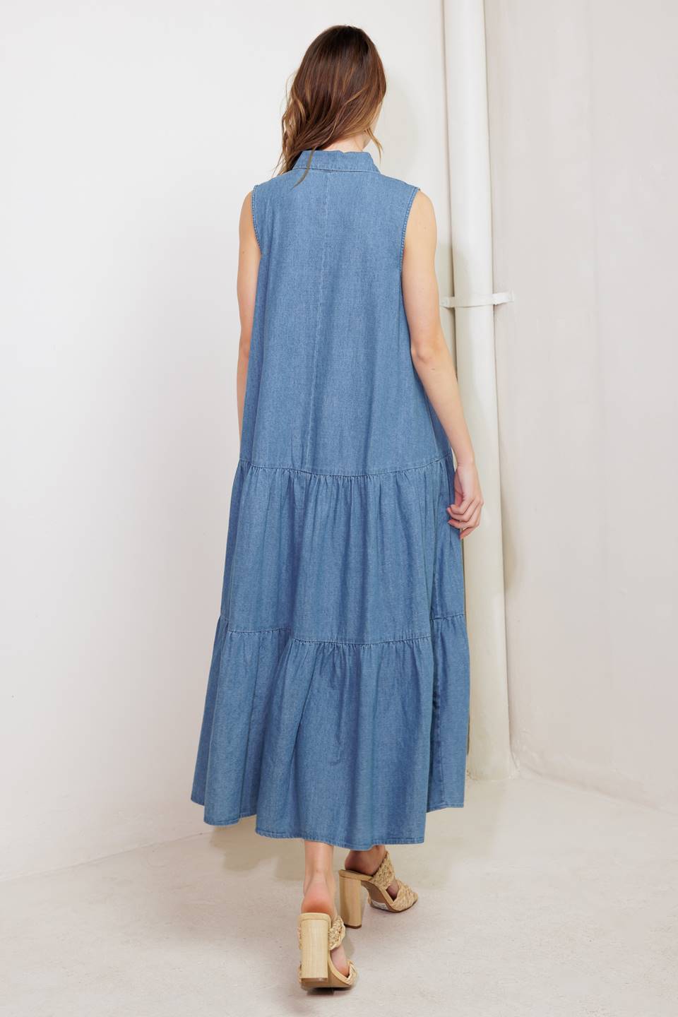 SUN DRENCHED RUFFLE FRONT DENIM MIDI DRESS
