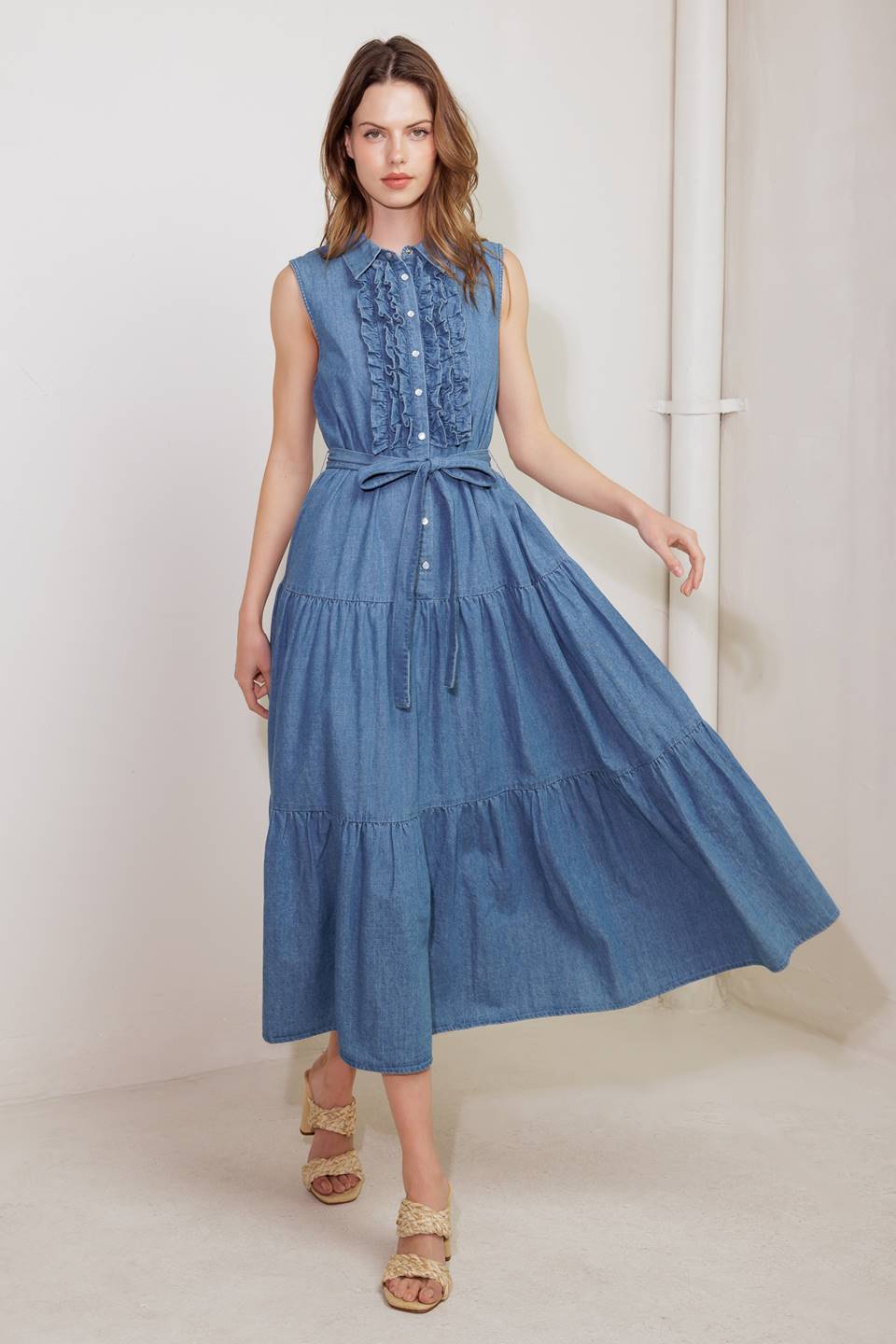 SUN DRENCHED RUFFLE FRONT DENIM MIDI DRESS