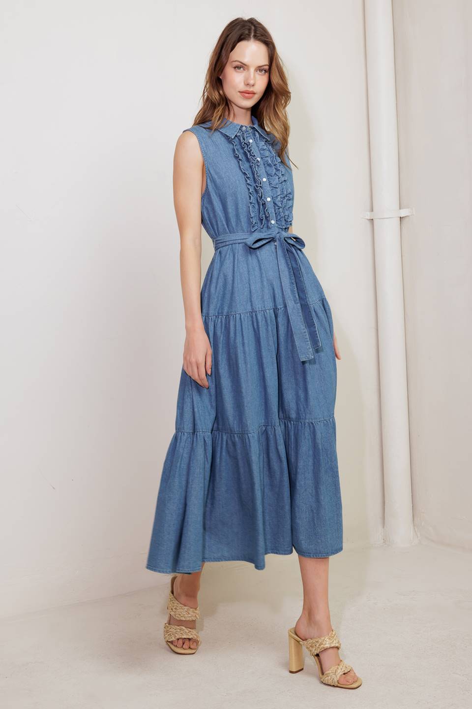 SUN DRENCHED RUFFLE FRONT DENIM MIDI DRESS