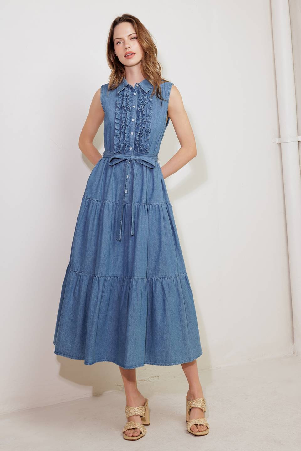 SUN DRENCHED RUFFLE FRONT DENIM MIDI DRESS