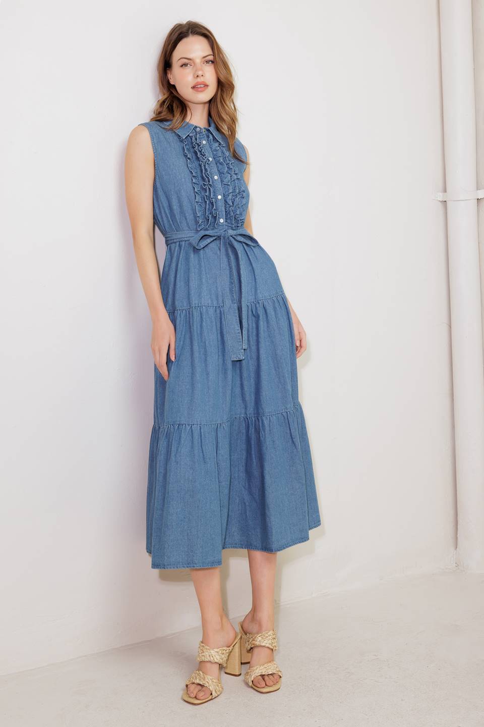 SUN DRENCHED RUFFLE FRONT DENIM MIDI DRESS