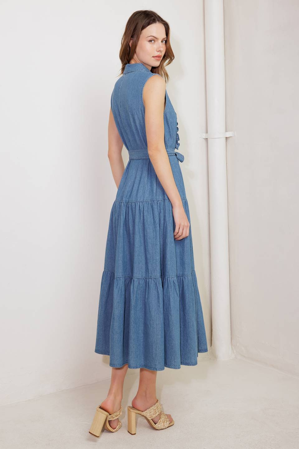 SUN DRENCHED RUFFLE FRONT DENIM MIDI DRESS