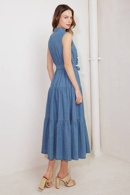 SUN DRENCHED RUFFLE FRONT DENIM MIDI DRESS