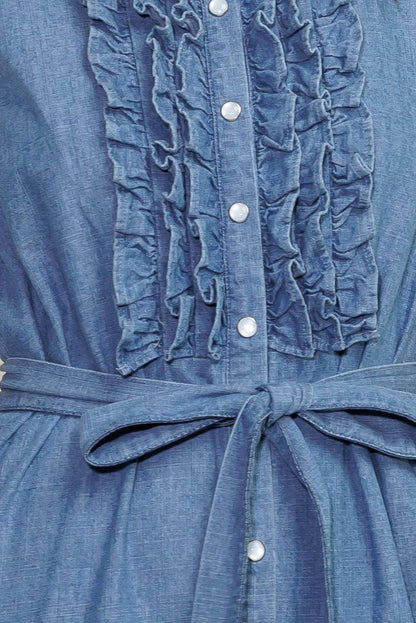 SUN DRENCHED RUFFLE FRONT DENIM MIDI DRESS