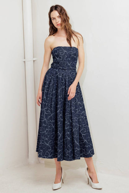 MOONBEAM PETALS PRINTED DENIM MIDI DRESS