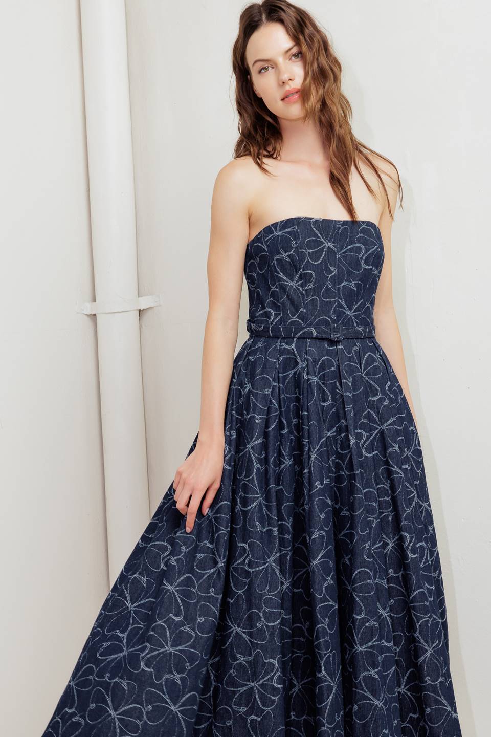 MOONBEAM PETALS PRINTED DENIM MIDI DRESS