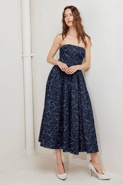 MOONBEAM PETALS PRINTED DENIM MIDI DRESS