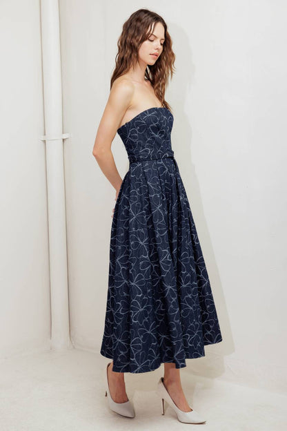 MOONBEAM PETALS PRINTED DENIM MIDI DRESS