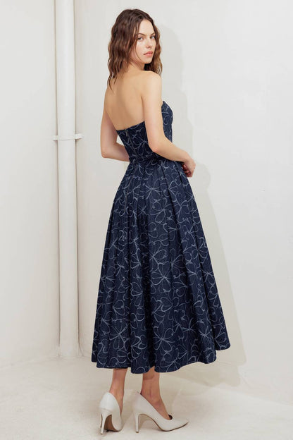 MOONBEAM PETALS PRINTED DENIM MIDI DRESS