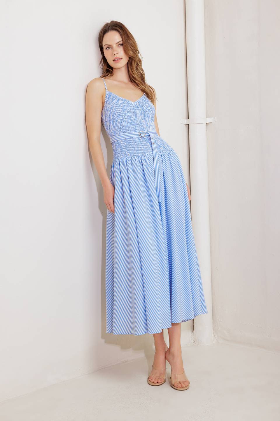 JOURNI STRIPED MIDI DRESS BLUE & WHITE