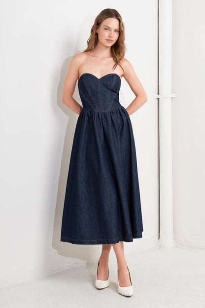 VINTAGE SIREN STRAPLESS DARK DENIM MIDI DRESS