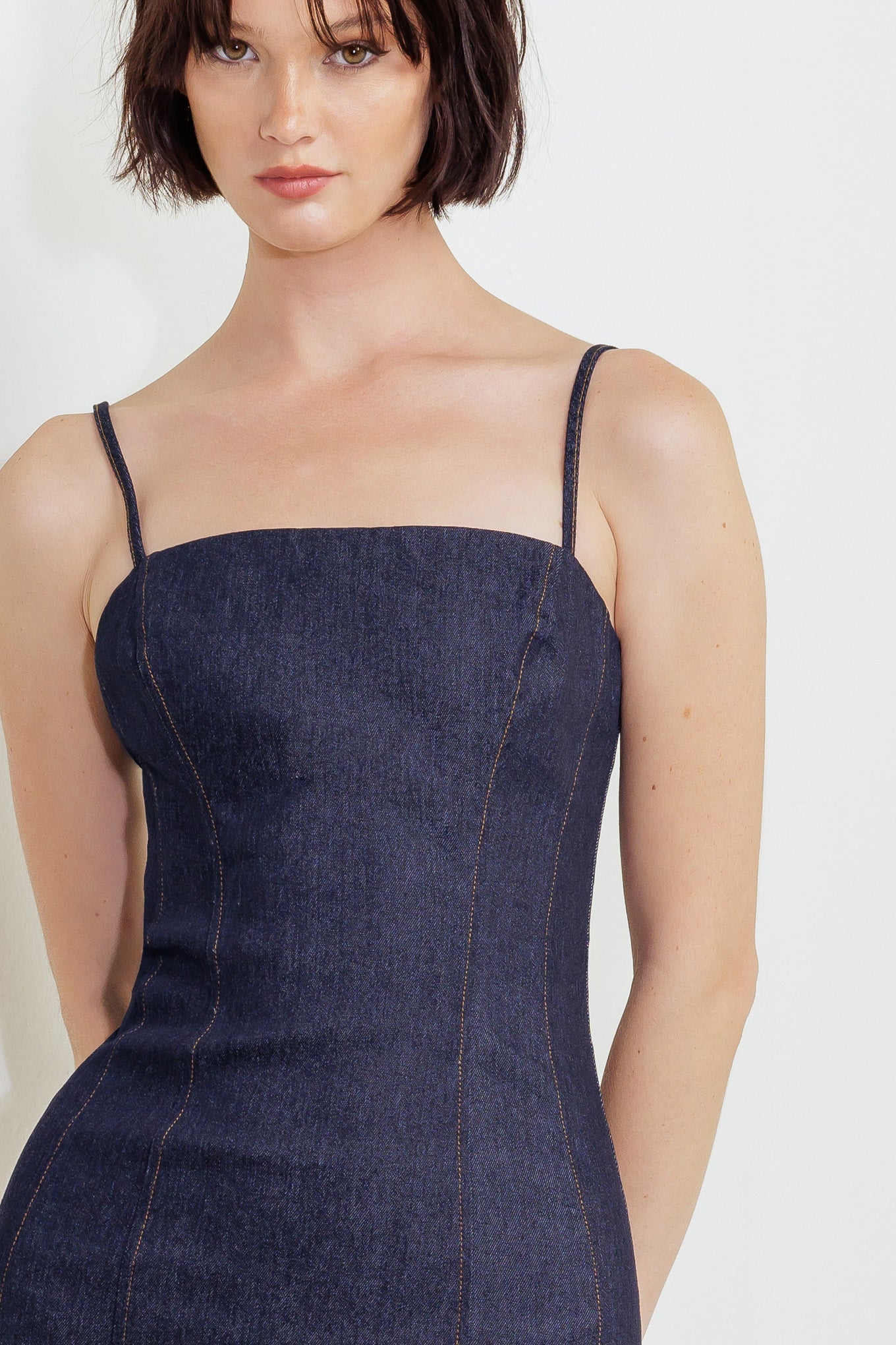 CAROLLA POINT FITTED DARK DENIM DRESS