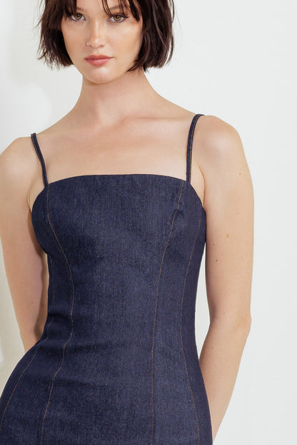 CAROLLA POINT FITTED DARK DENIM DRESS