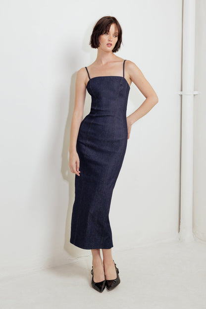 CAROLLA POINT FITTED DARK DENIM DRESS