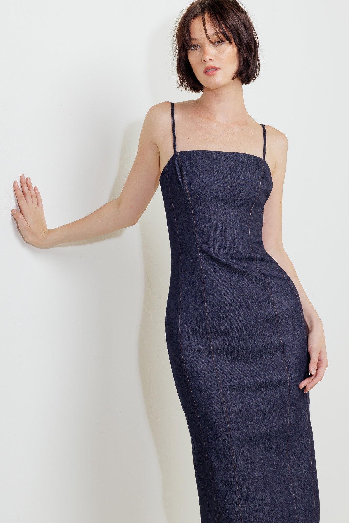 CAROLLA POINT FITTED DARK DENIM DRESS
