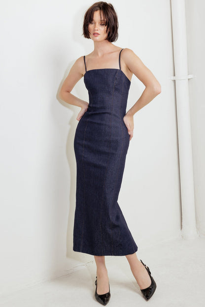 CAROLLA POINT FITTED DARK DENIM DRESS