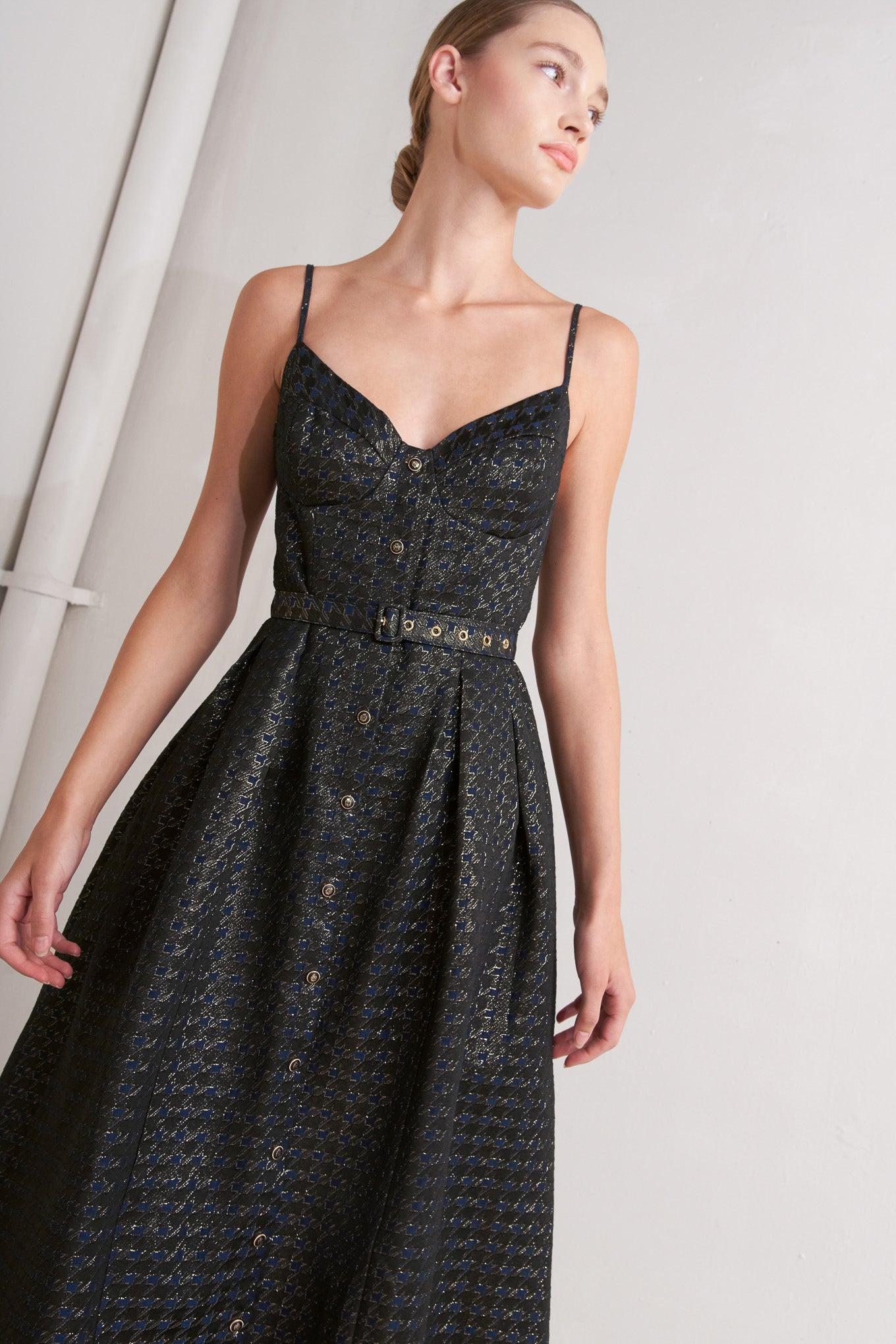 NOIR TAPESTRY NAVY & GOLD MIDI DRESS