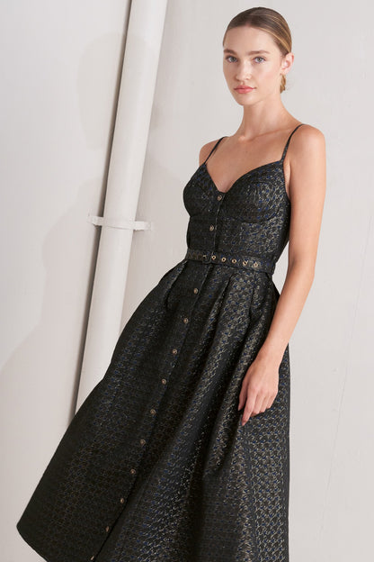 NOIR TAPESTRY NAVY & GOLD MIDI DRESS