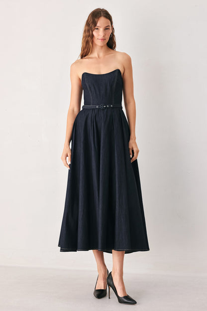 PARTY MUSE STRAPLESS DARK DENIM MIDI DRESS