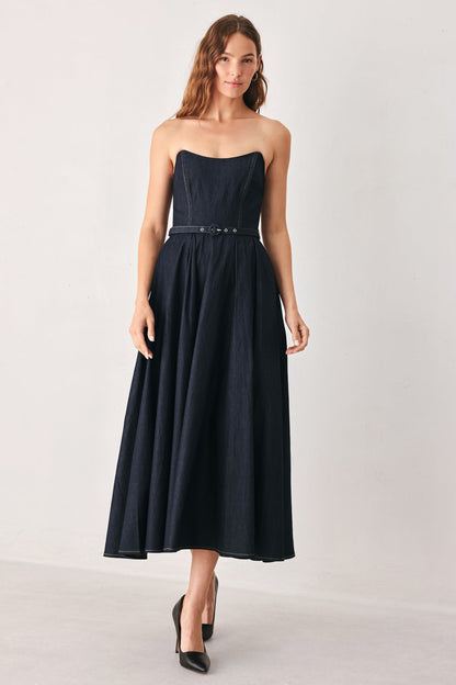PARTY MUSE STRAPLESS DARK DENIM MIDI DRESS