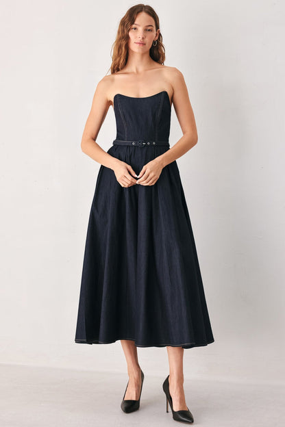 PARTY MUSE STRAPLESS DARK DENIM MIDI DRESS