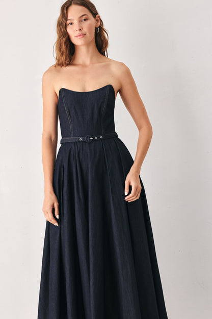 PARTY MUSE STRAPLESS DARK DENIM MIDI DRESS