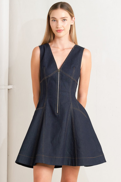 FRESH EDIT V-NECK ZIP FRONT DARK DENIM MINI DRESS