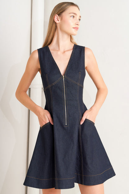 FRESH EDIT V-NECK ZIP FRONT DARK DENIM MINI DRESS